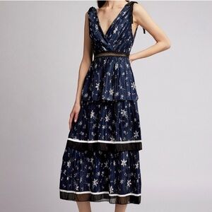 Self Portrait Women's Tiered Star Satin Printed Midi
Dress Navy Floral